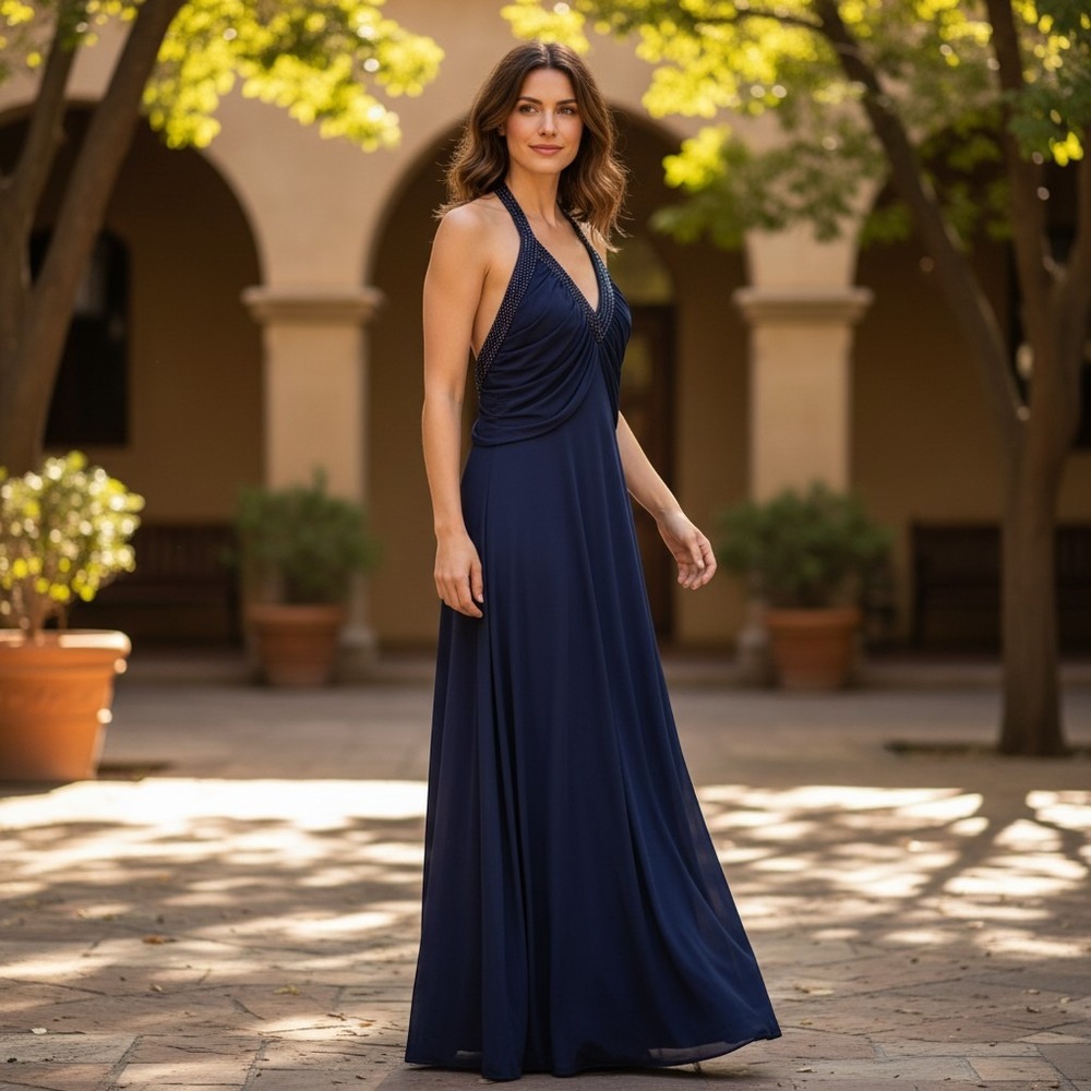 St. John Evening Size 8 Navy Blue Halter Gown Dress Beaded Silk Chiffon Knit